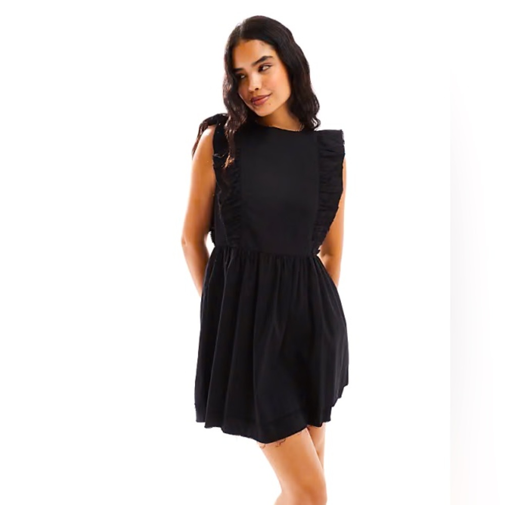 ASOS DESIGN high neck twill mini dress with frill shoulder black Size 6 US
